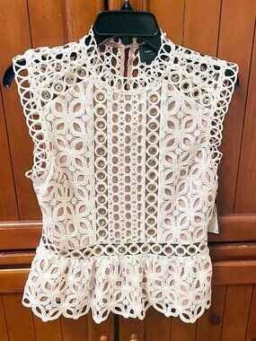 Romeo and Juliet Couture White Eyelet Top with gold circle trim size Small